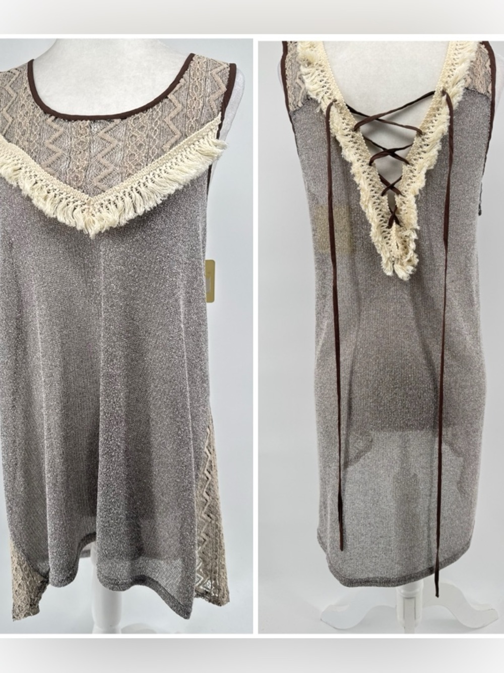 A'REVE Mocha Mesh Knit Tunic Boho Western Tunic Tank Top , Coverup Sz Sm NWT